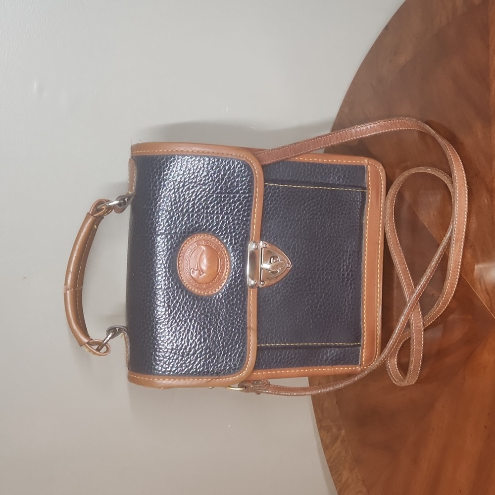 Dooney and Burke, vintage, crossbody, navy, and brown.